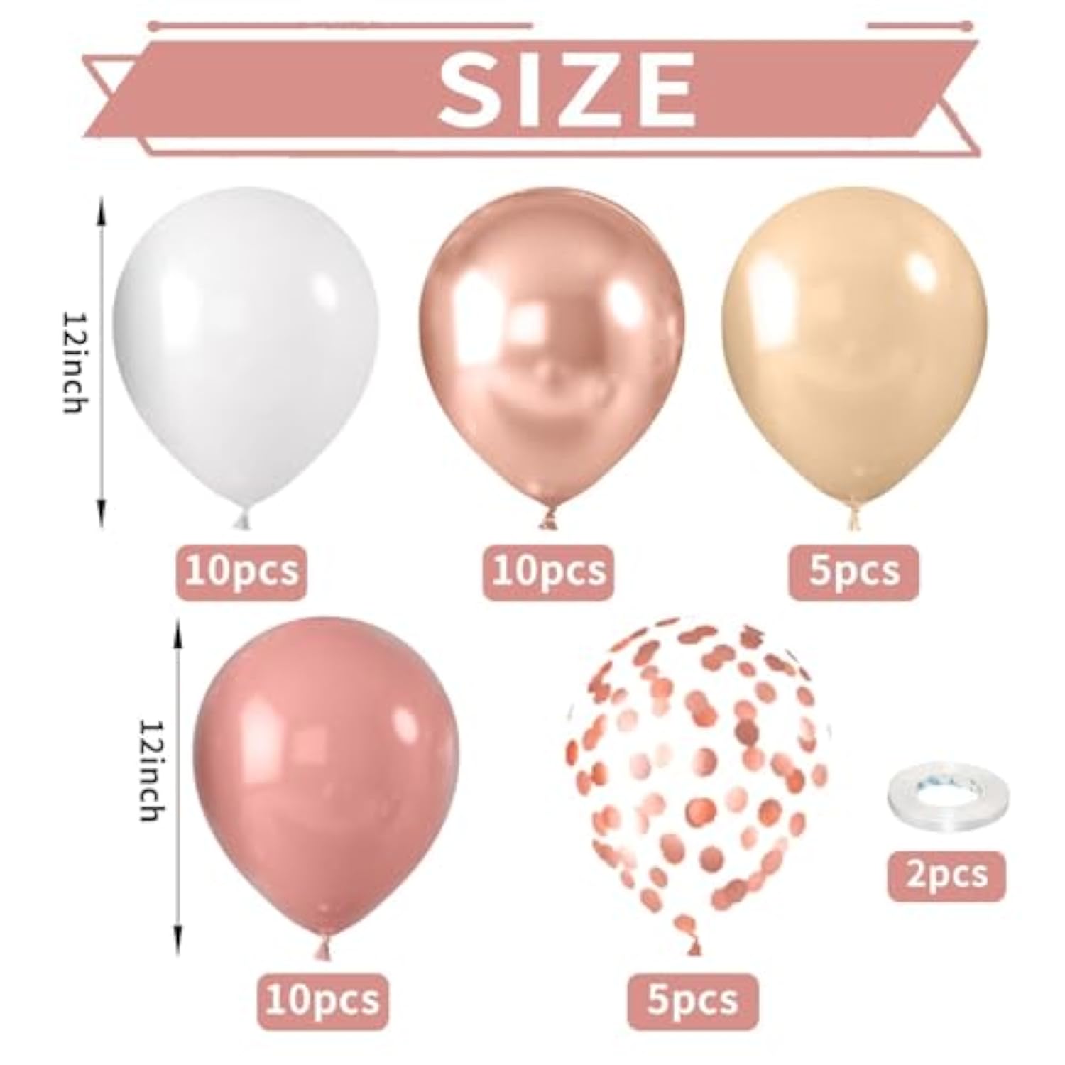 Retro Blush Pink Party Balloons, 52 Pcs 12 Inch Metallic Chrome Rose Gold Dusty Pink Maca Orange Beige Latex Balloons With Rose Gold Confetti Balloons For Birthday Wedding Baby Shower Party Decoration