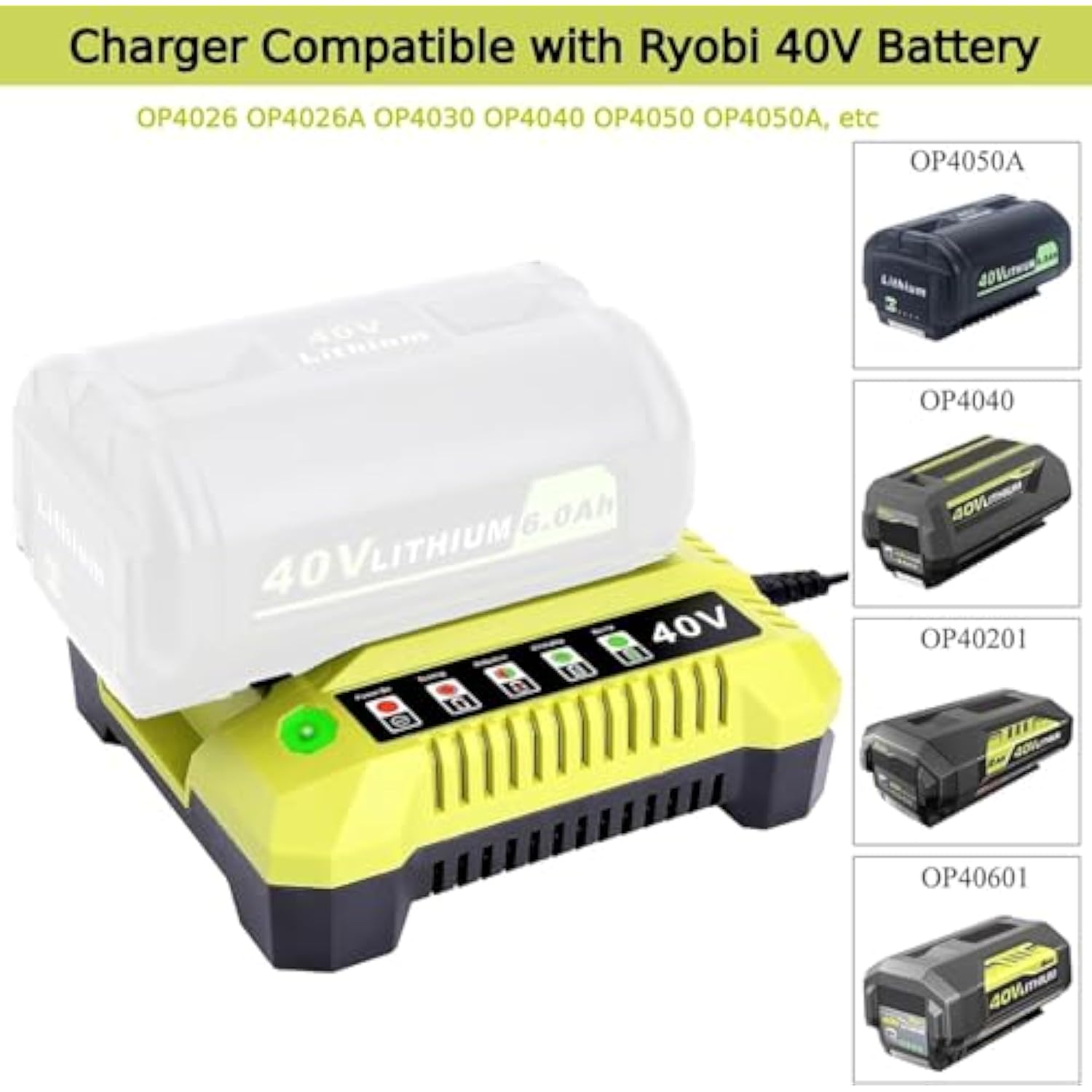 Op401 40V Lithium Ion Battery Charger Replacement For Ryobi Op4015 Op4026 Op4026A Op4030 Op4040 Op4050 Op4050A Op4060 Op40261 Op40301 Op40401 Op40501 Op40601 Tools Batteries