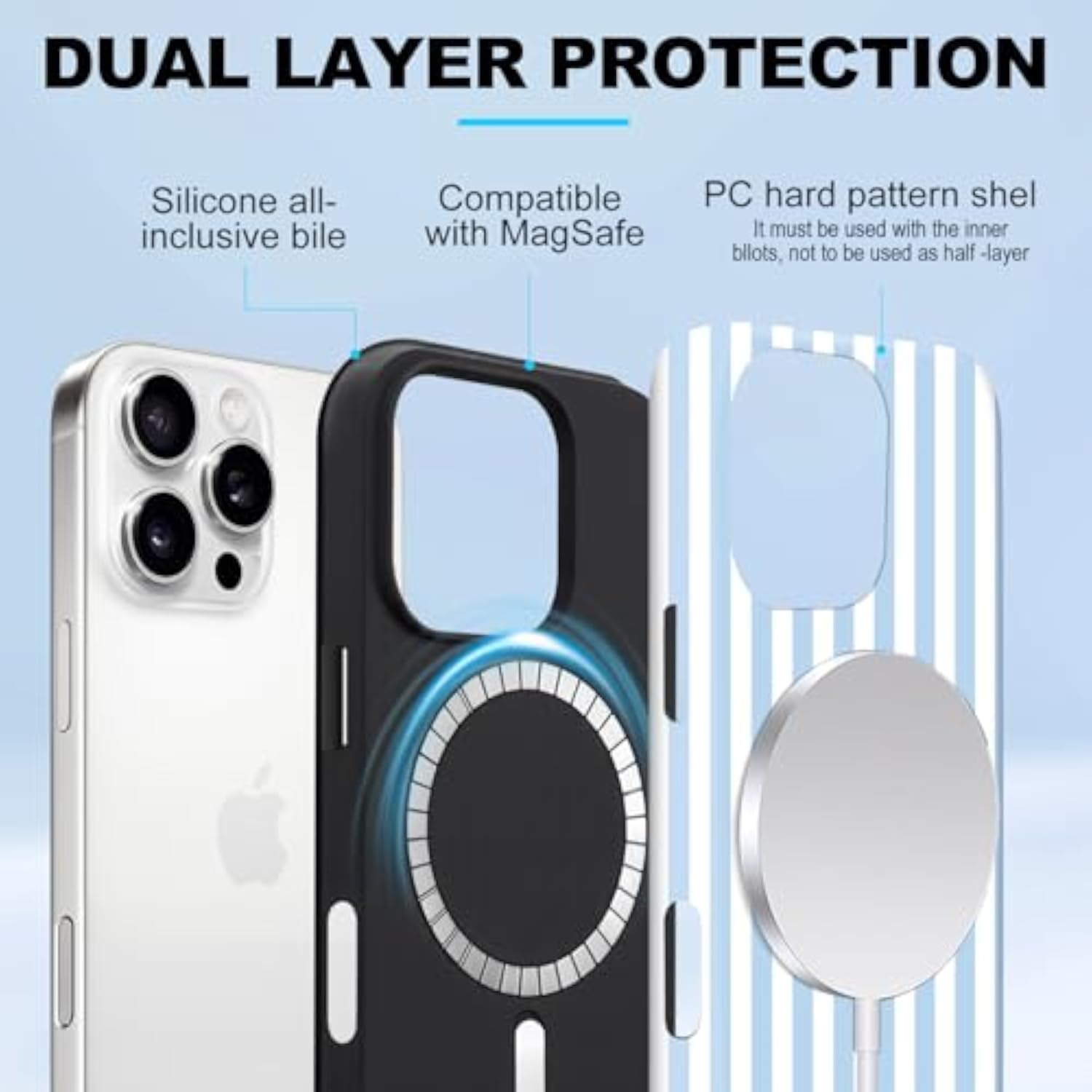Magnetic Phone Case for iPhone 15 with Cute Stripes Design, Blue and White
