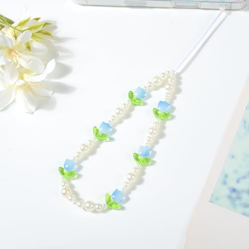 Beaded Phone Charms Cute Aesthetic Tulip Lanyard Strap Girl Wrist Chain, Phone Keychain Decoration for Wallet AirPods-Blue