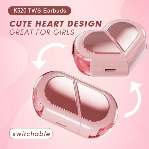 Pink Heart Wireless Earbuds for Girls Kids, Cute Small Mini Tiny Invisible Earbuds Wireless Bluetooth for Small Ears Canals Women Rose Gold Kawai
