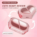 Pink Heart Wireless Earbuds for Girls Kids, Cute Small Mini Tiny Invisible Earbuds Wireless Bluetooth for Small Ears Canals Women Rose Gold Kawai