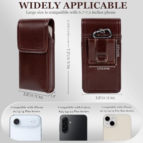 Leather Phone Holster - Genuine Full-Grain Buffalo Leather Cell Phone Holsters - for iPhone 16, 15, 14, 13pro, Galaxy S24, S23, S22-7.3" X 3.8"