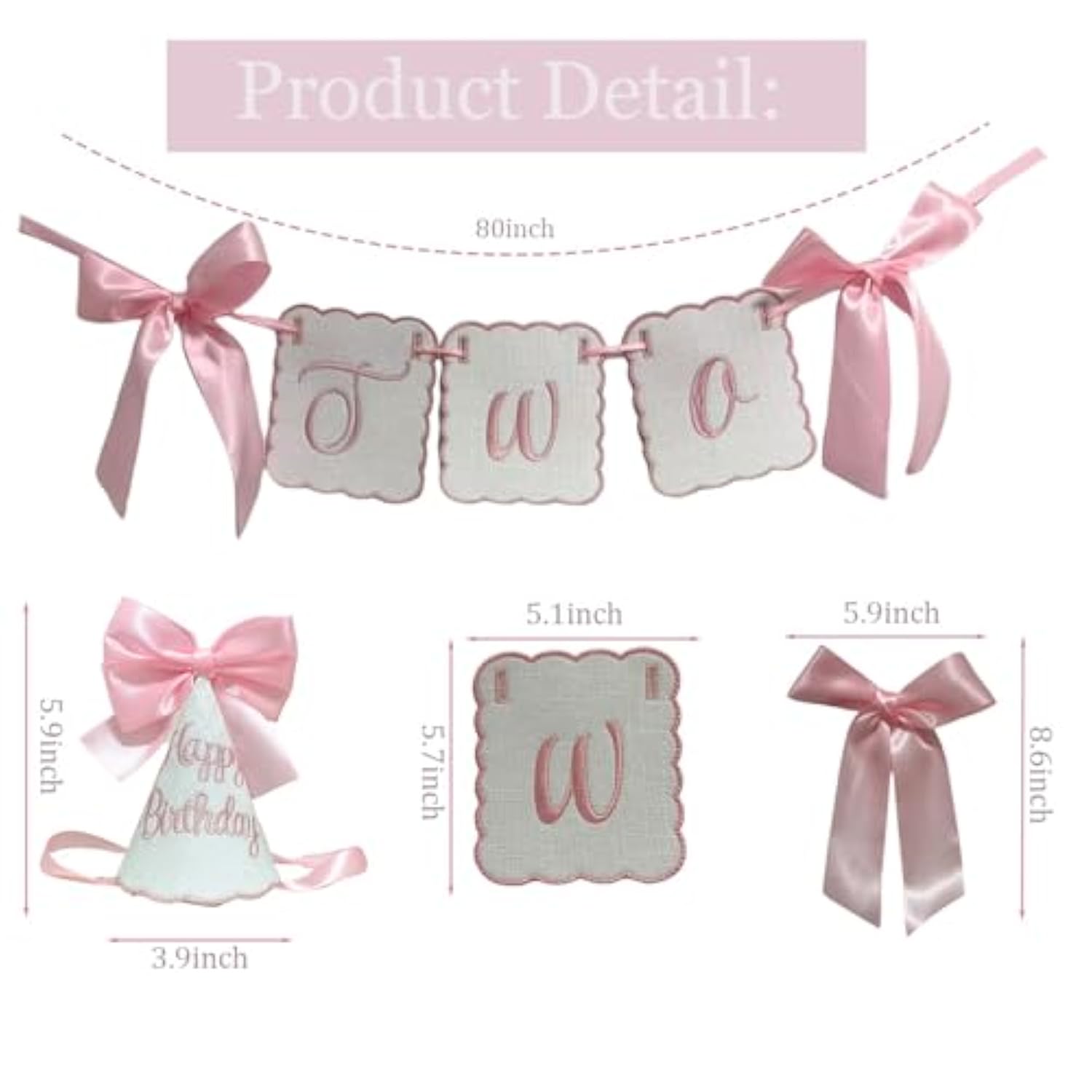 2Nd Birthday Decorations For Girl Pink Bow Two High Chair Banner With Cone Hat For Girl Bow Themed 2Nd Birthday Party Decorations