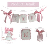 2Nd Birthday Decorations For Girl Pink Bow Two High Chair Banner With Cone Hat For Girl Bow Themed 2Nd Birthday Party Decorations