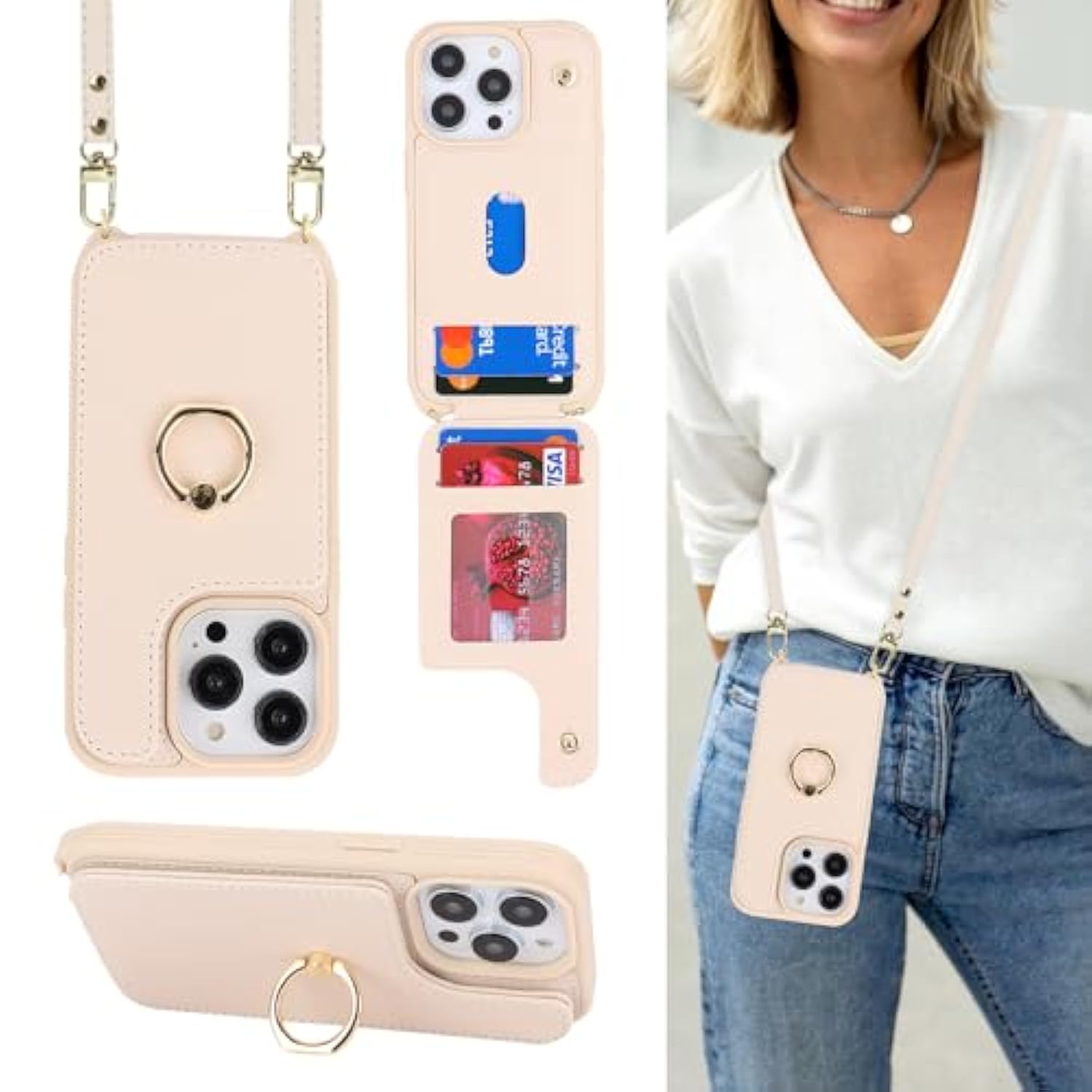 For Case With Card Holder For Women, Phone Case With Strap,Crossbody Lanyard,Ring Stand,Snap Clasp,Cute Wallet Cases 6.1 Inch (Beige)