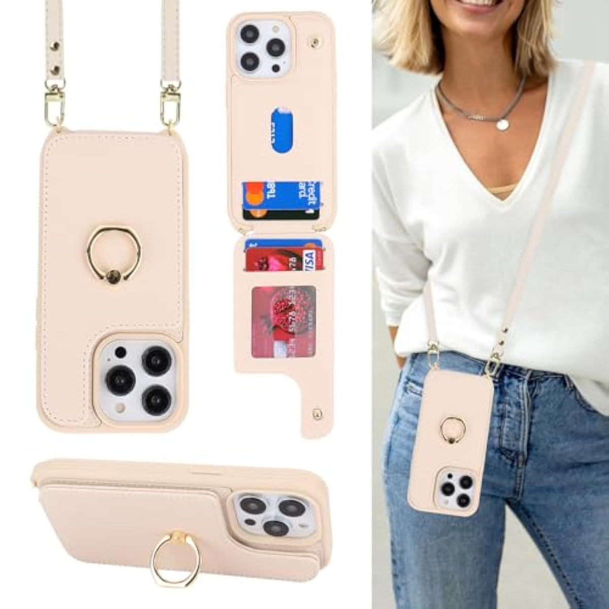 For Case With Card Holder For Women, Phone Case With Strap,Crossbody Lanyard,Ring Stand,Snap Clasp,Cute Wallet Cases 6.1 Inch (Beige)