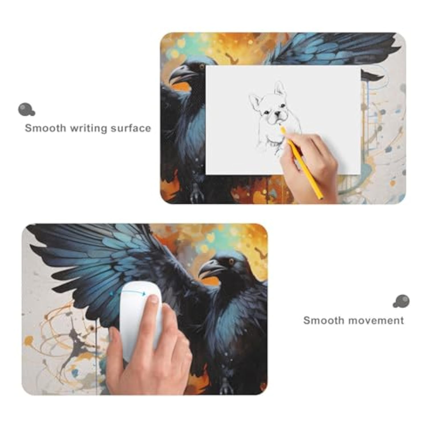 Crow Color Doodle Gaming Mouse Pad Desk Mat Non-Slip Waterproof Large Mousepad With Stitched Edges-31.5X11.8In