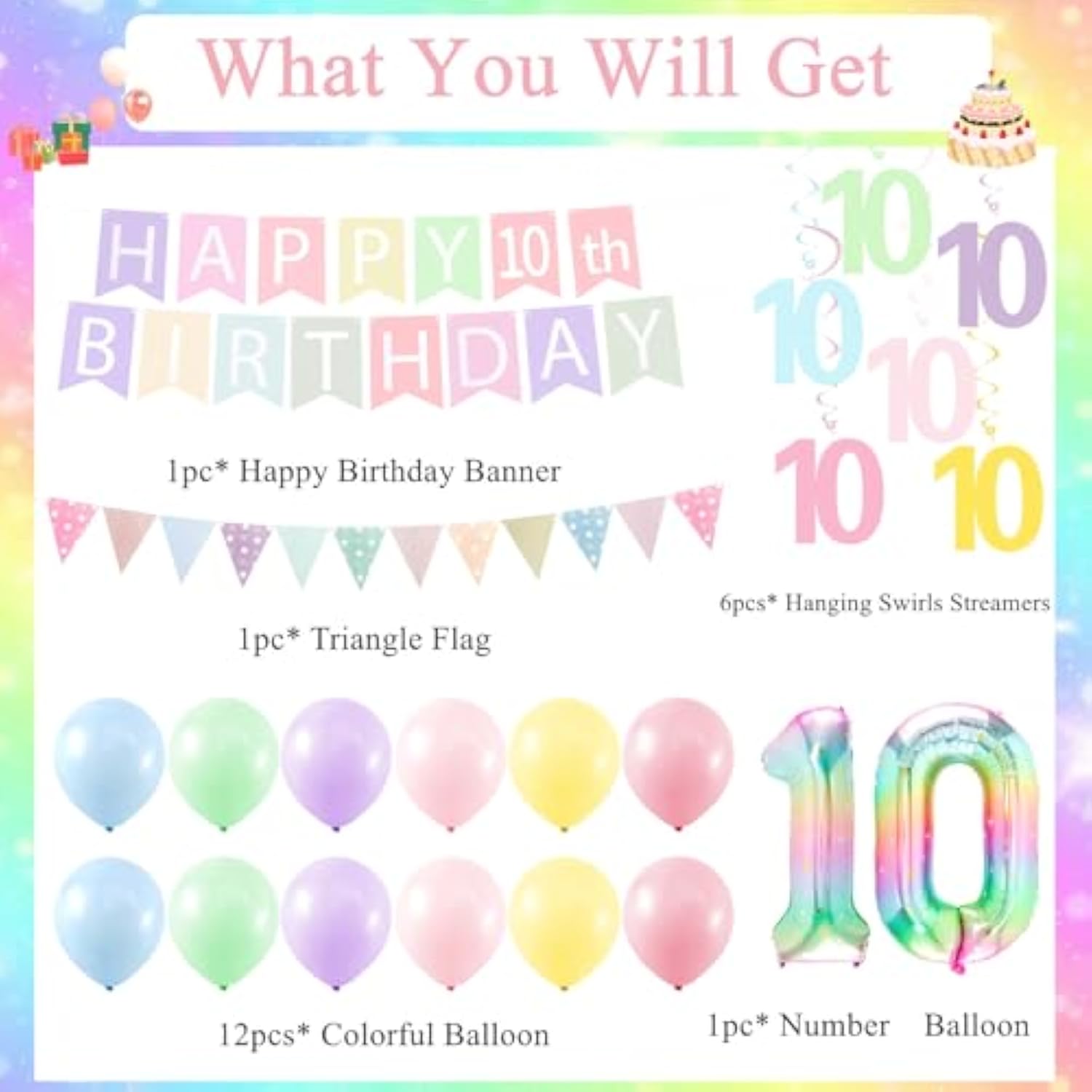 10Th Birthday Decorations For Girls Set - 10 Year Old Girl Birthday Decorations Happy 10Th Party Banner Triangle Flag Hanging Swirls Streamers, 40 Inch Rainbow Gradient Number 10 Balloon