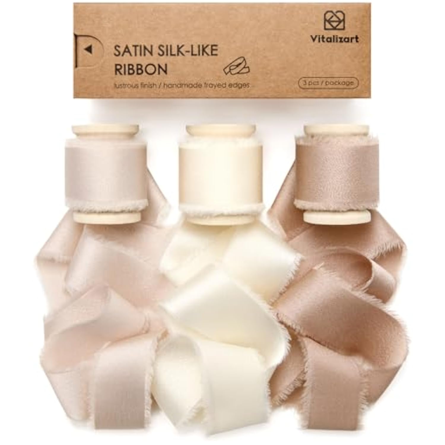 Silk Satin Ribbon 1 Inch X 15 Yard Wooden Spool Champagne & Nude Handmade Frayed Ribbon For Gift Wrapping Baby Shower Wedding Bridal Bouquets Holiday Decor Light Brown