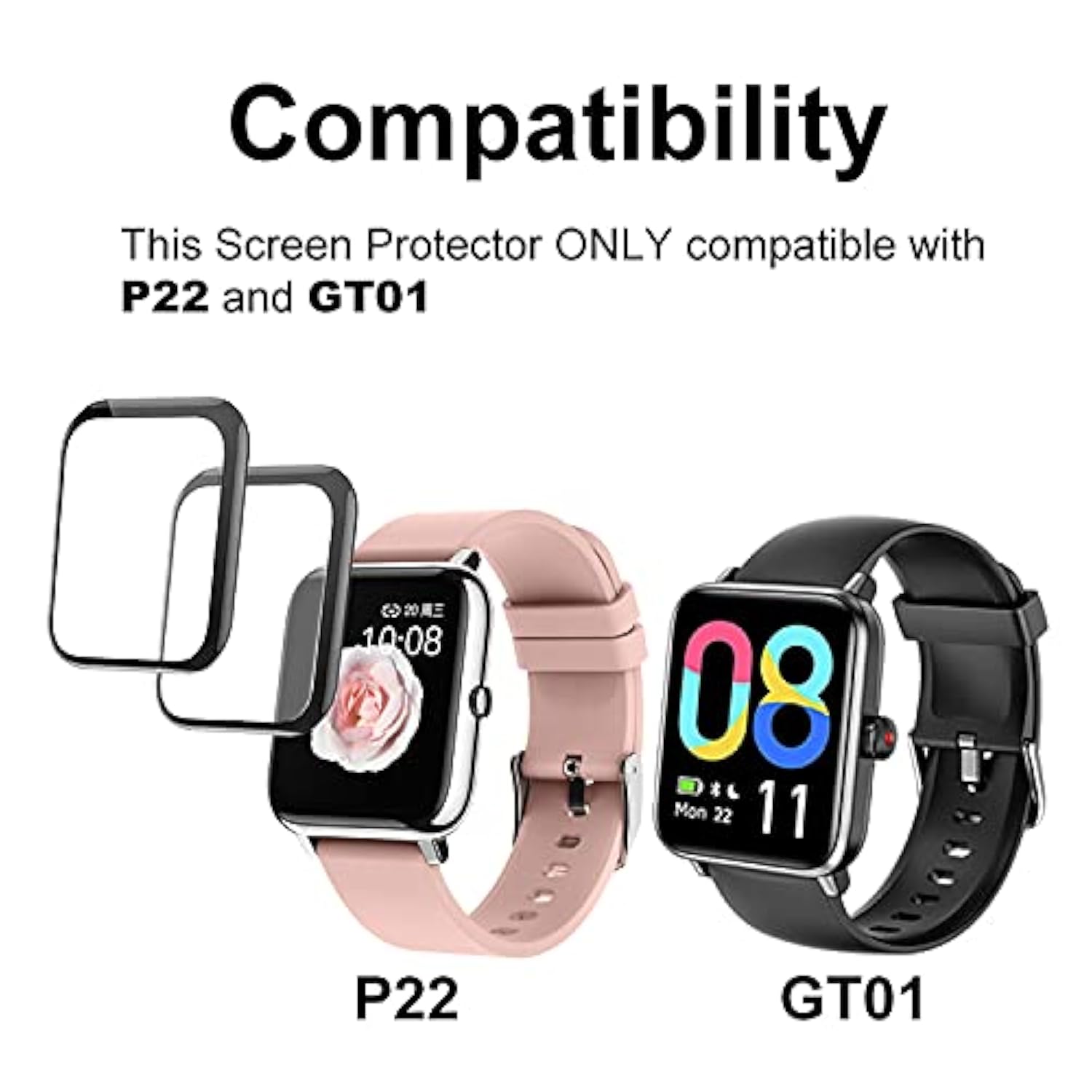 3D Screen Protector For P22, Compatible With Smartwatch Tykoit 1.5 Inch, P22 Donerton Popglory Canmixs Kalinco 1.4”, Dirrelo Fitpolo Gt01 1.55”, Curved Edge Full Coverage
