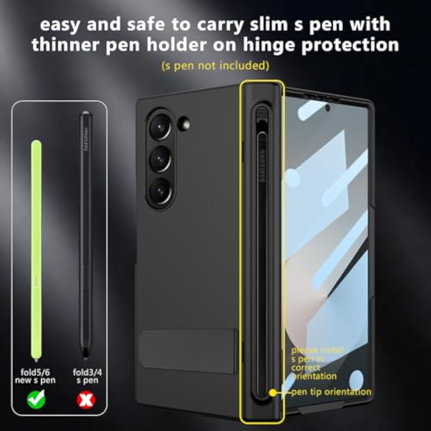 For Samsung Galaxy Z Fold 6 Case With New Integrate Thinner Pen Holder, Adjustable Metal Stand, For Round Shape Magsafe Accessories, Built In Screen Protector, Magnetic 2024, Black