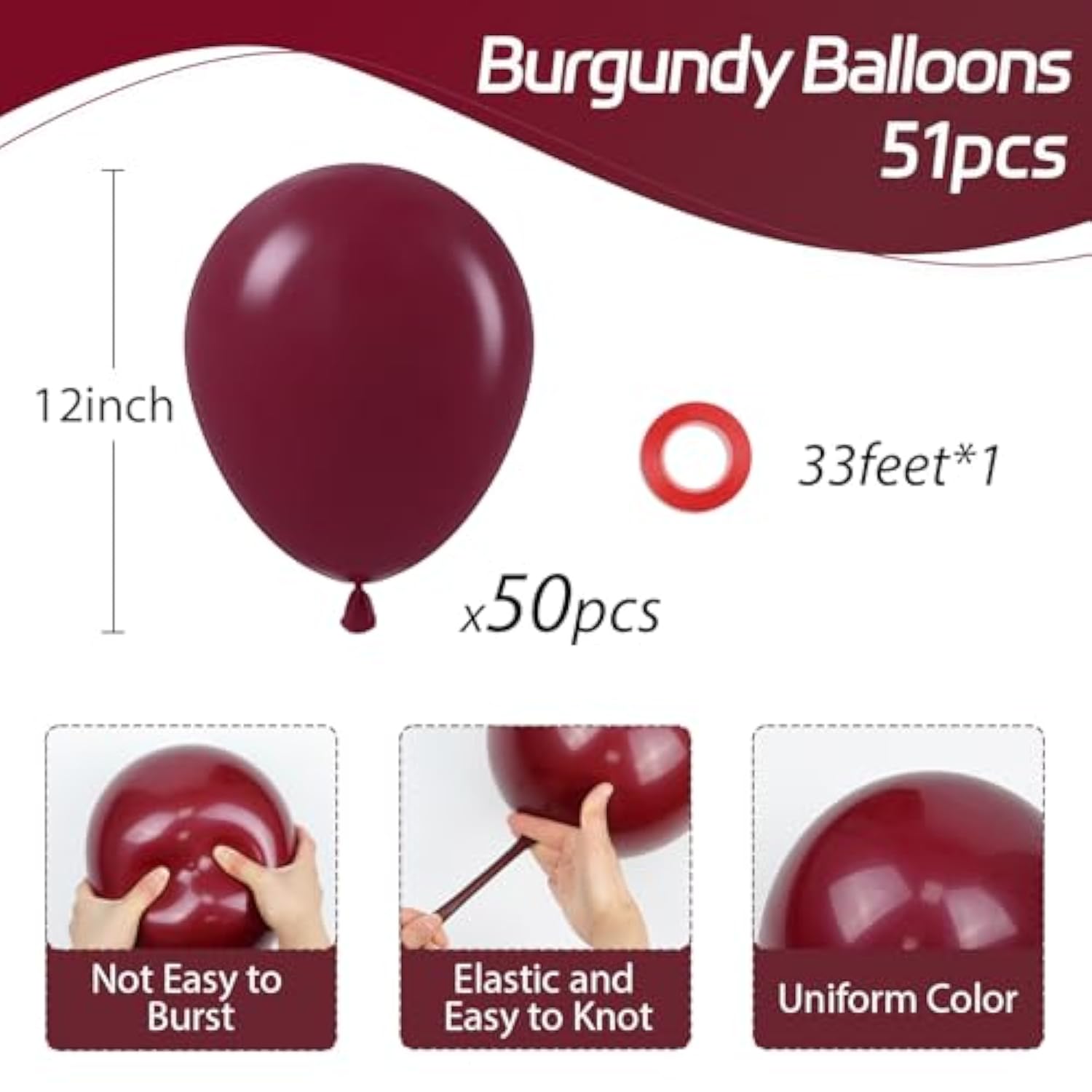 50 Pcs Burgundy & Maroon Balloons 12 Inch for Birthday, Wedding & Parties
