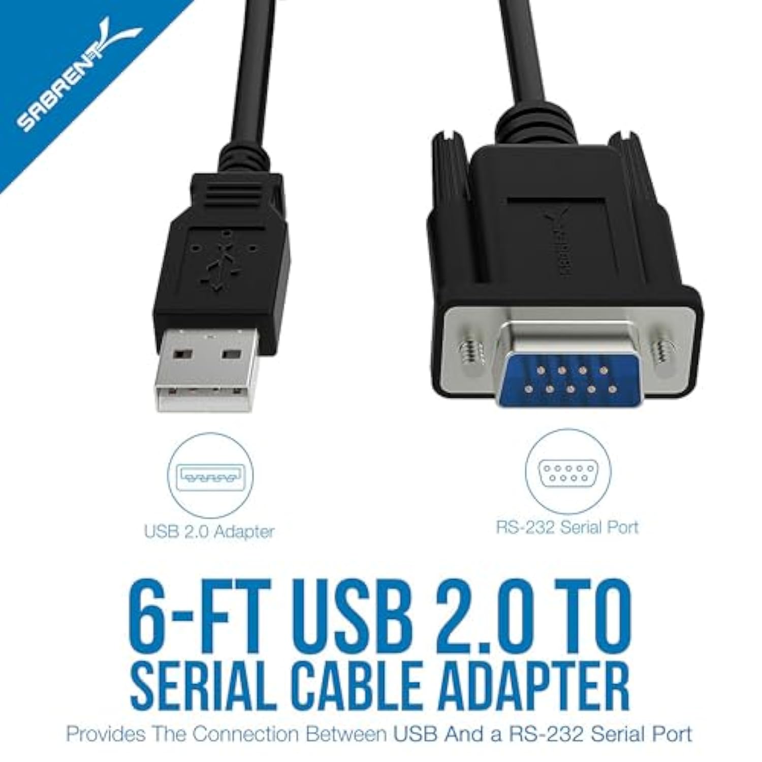 SABRENT USB 2.0 to Serial (9-Pin) DB-9 RS-232 Adapter Cable 6ft Cable [FTDI Chipset] (CB-FTDI)