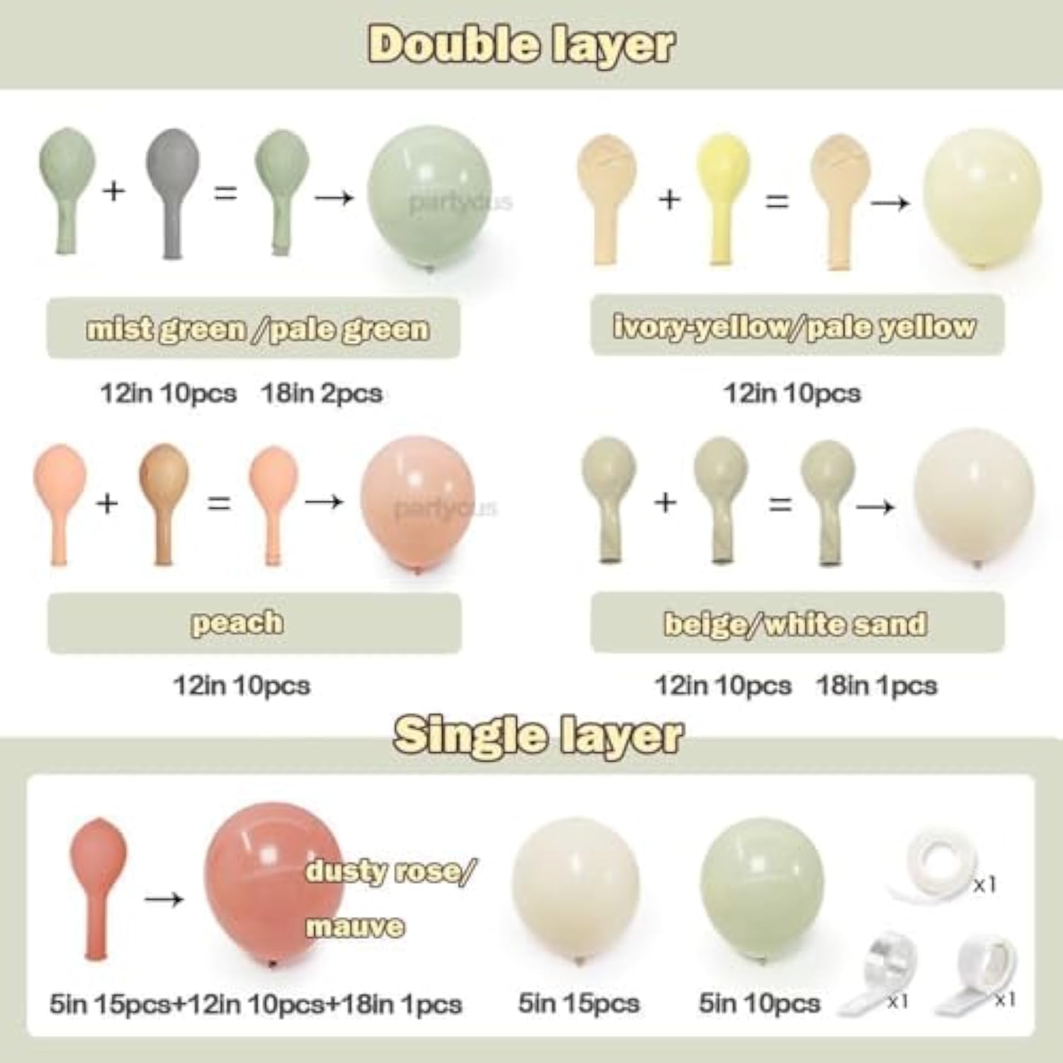 Pastel Balloon Arch Kit: Dusty Pink, Green, Yellow, Peach & White Sand