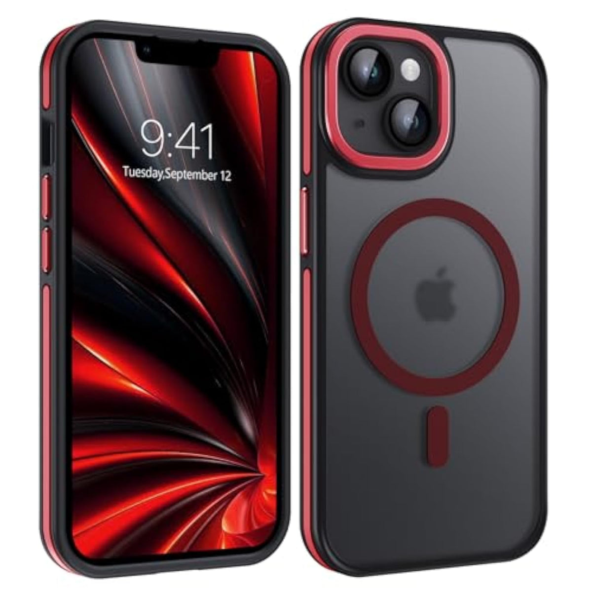 Case For Iphone 14, Iphone 13 Phone Case 6.1-Inch,Magnetic [Compatible With Magsafe] Support Wireless Charging Slim Translucent Matte Men Women Shockproof Protective Back Cover, Black/Red