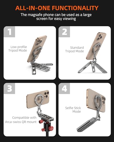 Magnetic Aluminum Phone Tripod Holder Mount Stand Handle with 1/4" Srcew & Cold Shoe & Arca-Swiss,Mini Pocket Foldable Cell Phone Stand,Compatible