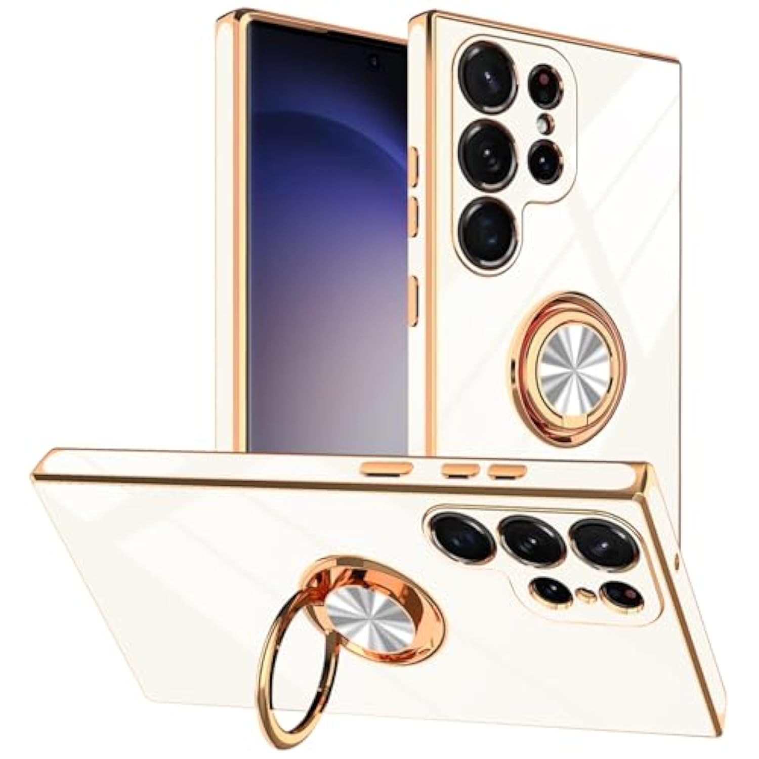 Designed For Samsung Galaxy S23 Ultra Case With Ring Stand, Support Magnetic Car Mount Rotating Finger Holder Soft Tpu Cover Plating Edge Slim Phone Case For Galaxy S23 Ultra White