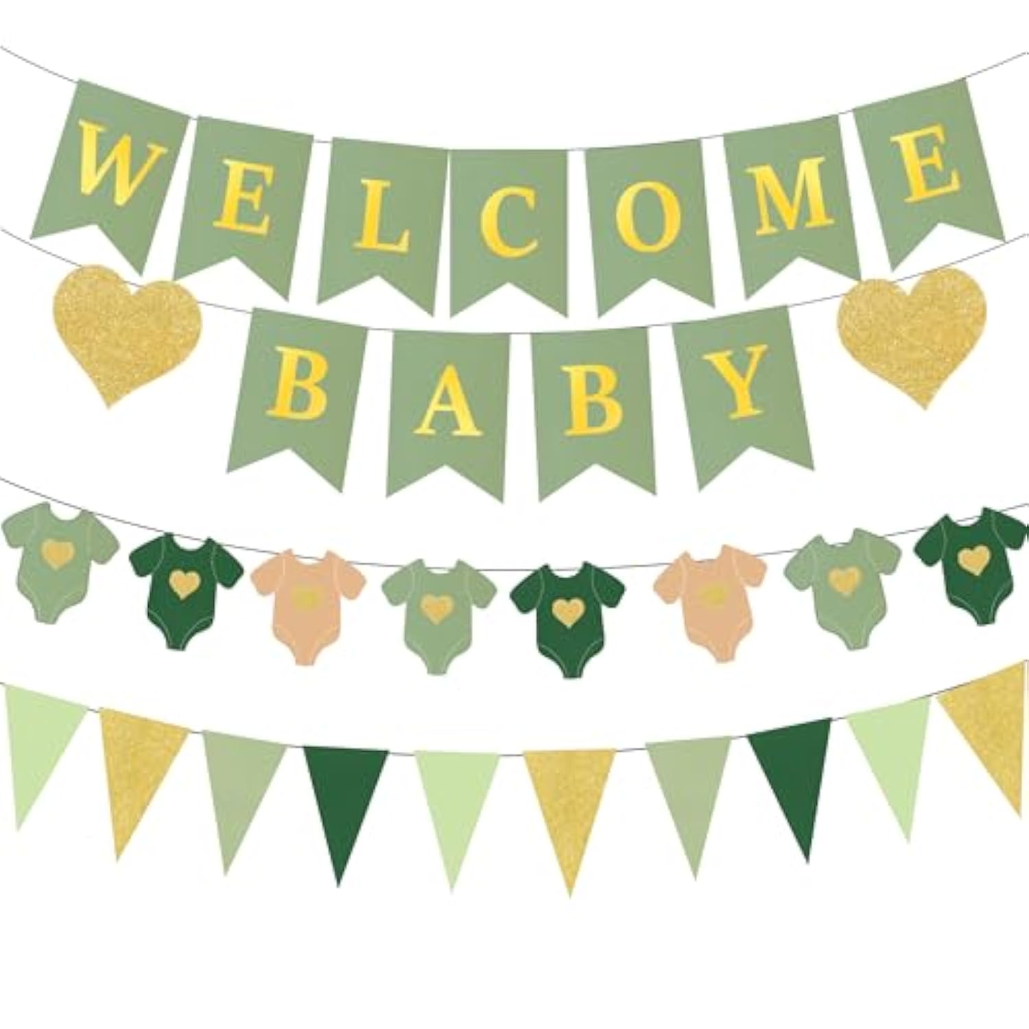 Sage Green Baby Shower Decorations Kit Welcome Baby, Gold Pennant & Bodysuit Banner