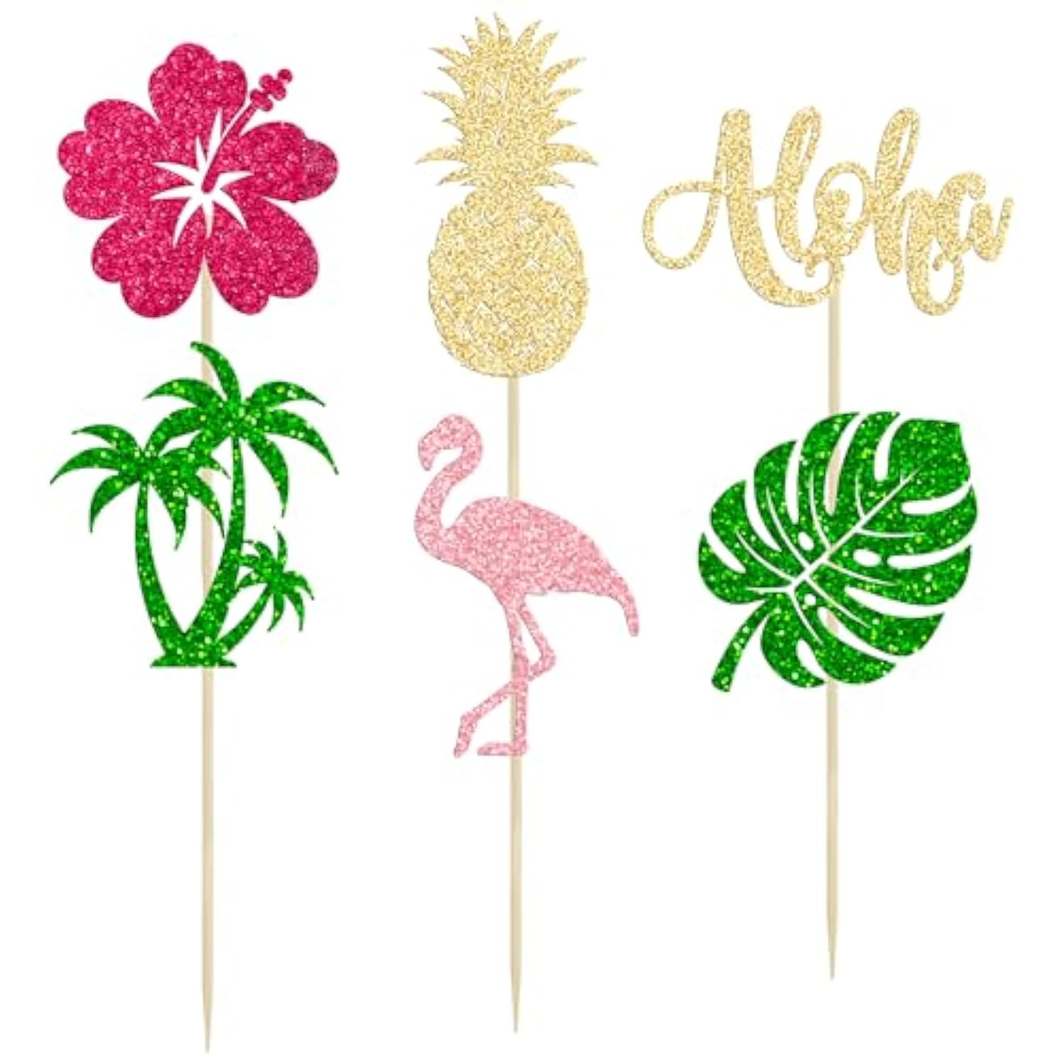 24Pcs Tropical Luau Cupcake Toppers Glitter Palm Tree Flamingo Pineapple Aloha Cupcake Picks Decorations For Hawaiian Luau Theme Birthday Party Supplies