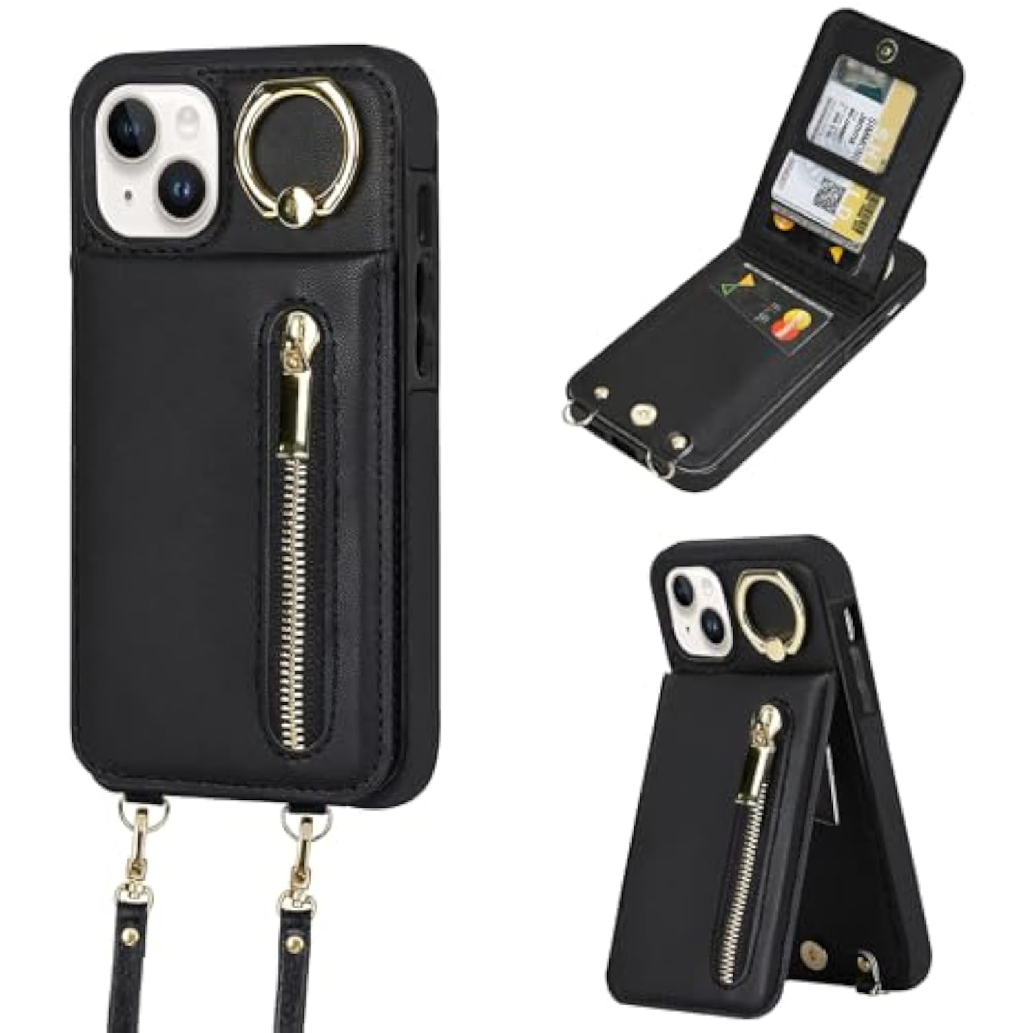For Iphone 13/14/15 Wallet Case With Card Holders For Women, Crossbody Zipper Protective Leather Case With Strap Wrist Ring Rfid Protective (Black, Iphone 13/14/15 6.1")
