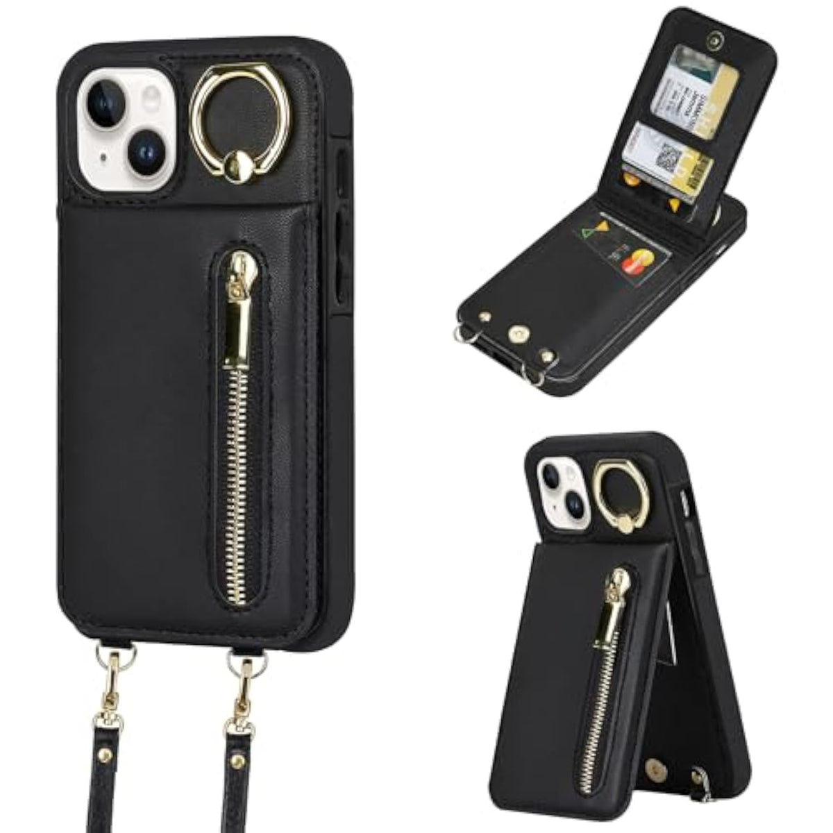 For Iphone 13/14/15 Wallet Case With Card Holders For Women, Crossbody Zipper Protective Leather Case With Strap Wrist Ring Rfid Protective (Black, Iphone 13/14/15 6.1")