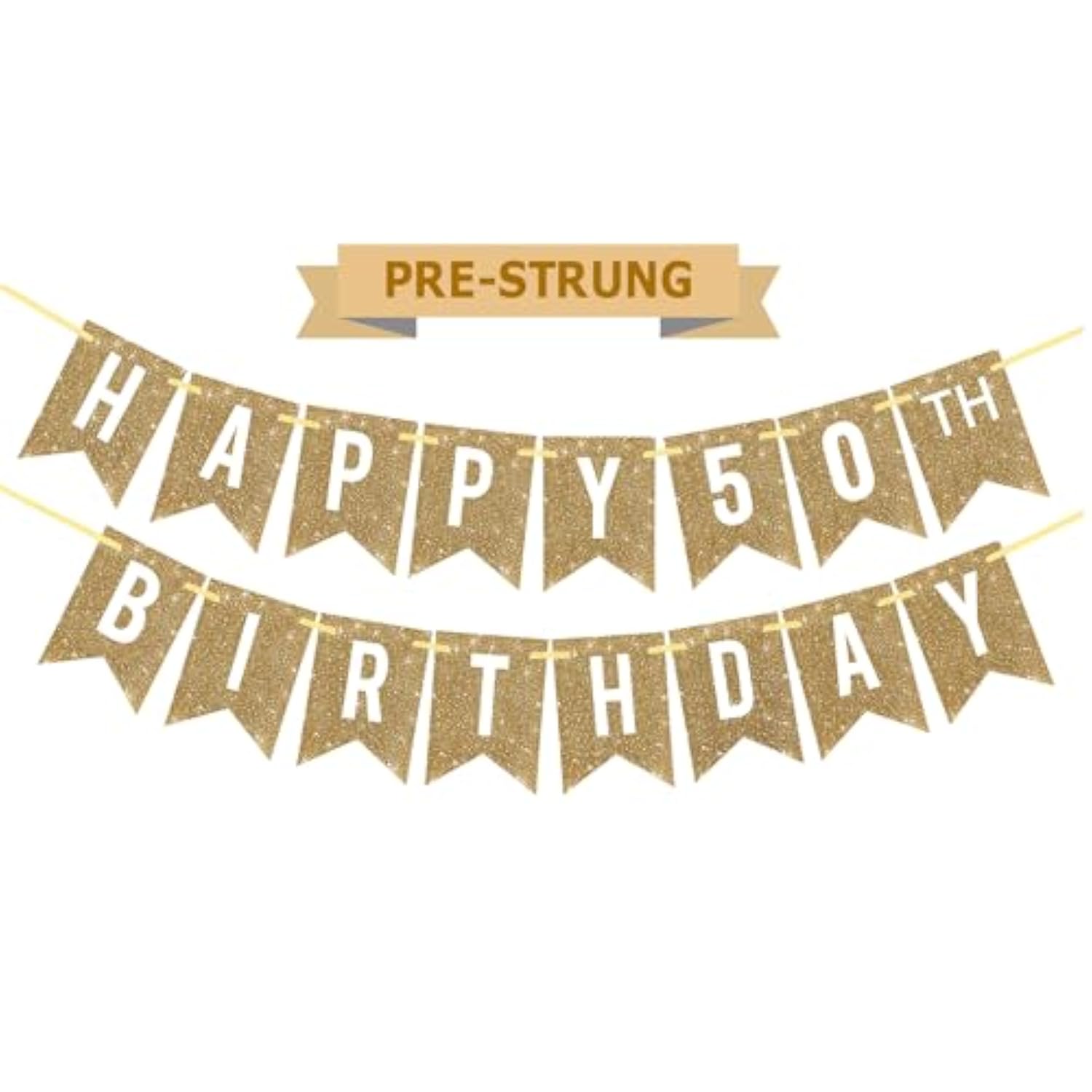 Pre-Strung Gold 50th Birthday Banner, Glitter Decor for Women & Men’s Party Supplies