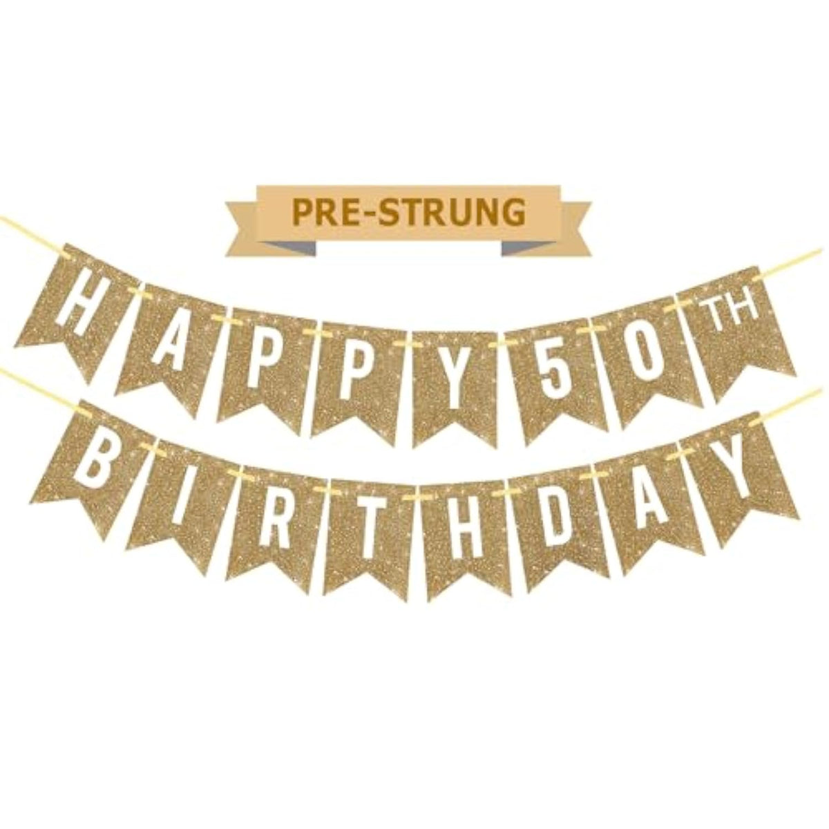 Pre-Strung Gold 50th Birthday Banner, Glitter Decor for Women & Men’s Party Supplies