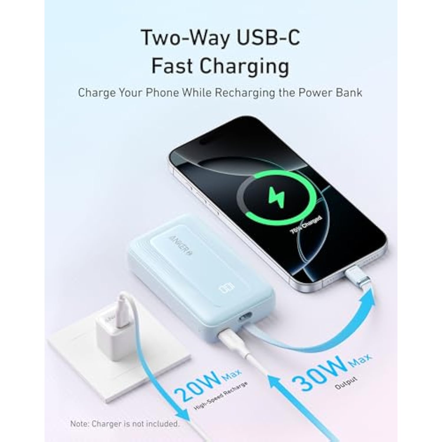10,000mAh 30W Power Bank with Built-in USB-C Cable, Fast Charger for Travel