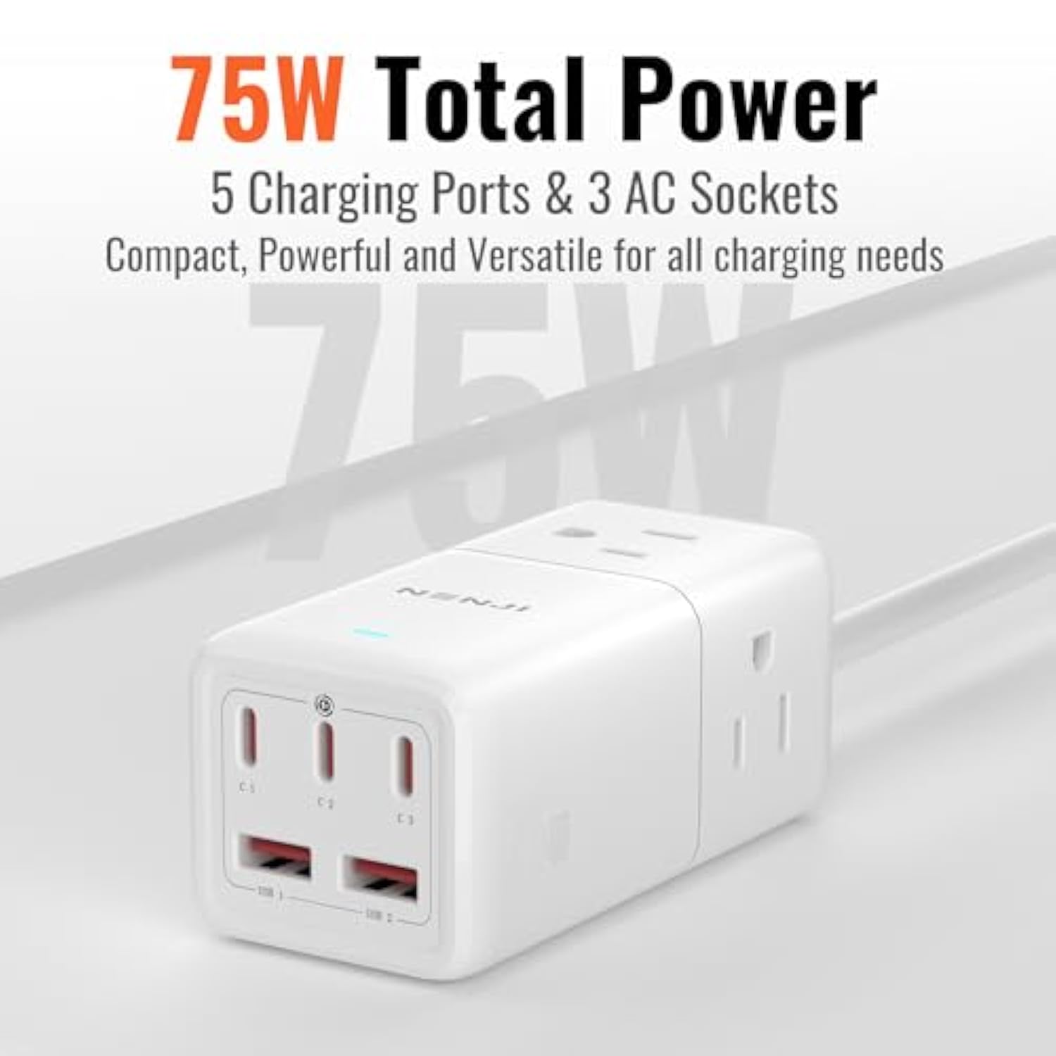 75W Gan Usb-C Super Fast Charging Station, 8-In-1 Power Strip With 5 Usb & 3 Ac Ports, Smart Charging, Fast Pd Charger For Iphone, Samsung, Ipad, Macbook – Desktop & Travel-Friendly – White