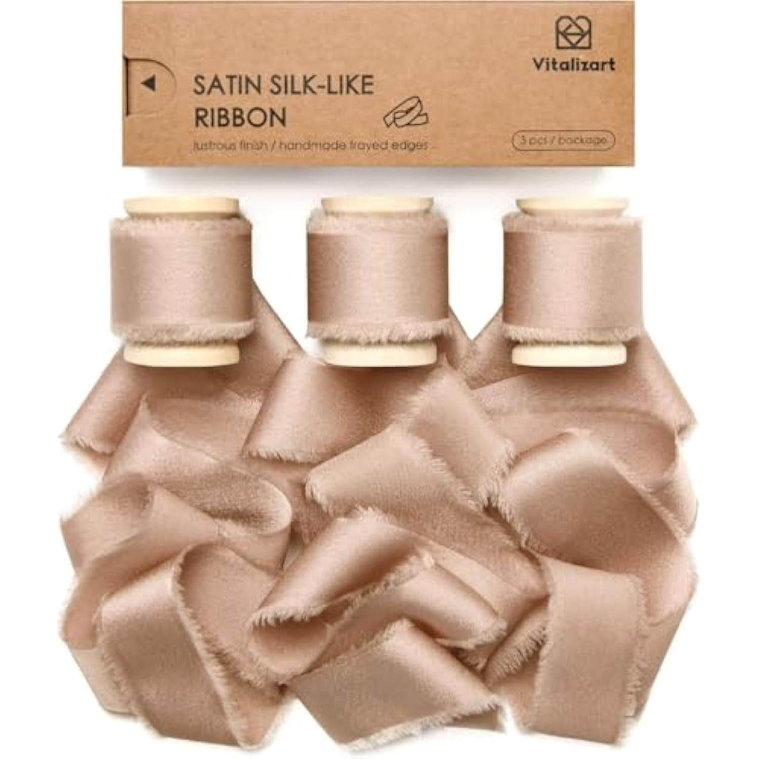 Silk Satin Ribbon 1 Inch X 15 Yard Wooden Spool Champagne Handmade Frayed Ribbon For Gift Wrapping Baby Shower Wedding Bridal Bouquets Holiday Decor 3 Rolls X 5 Yard