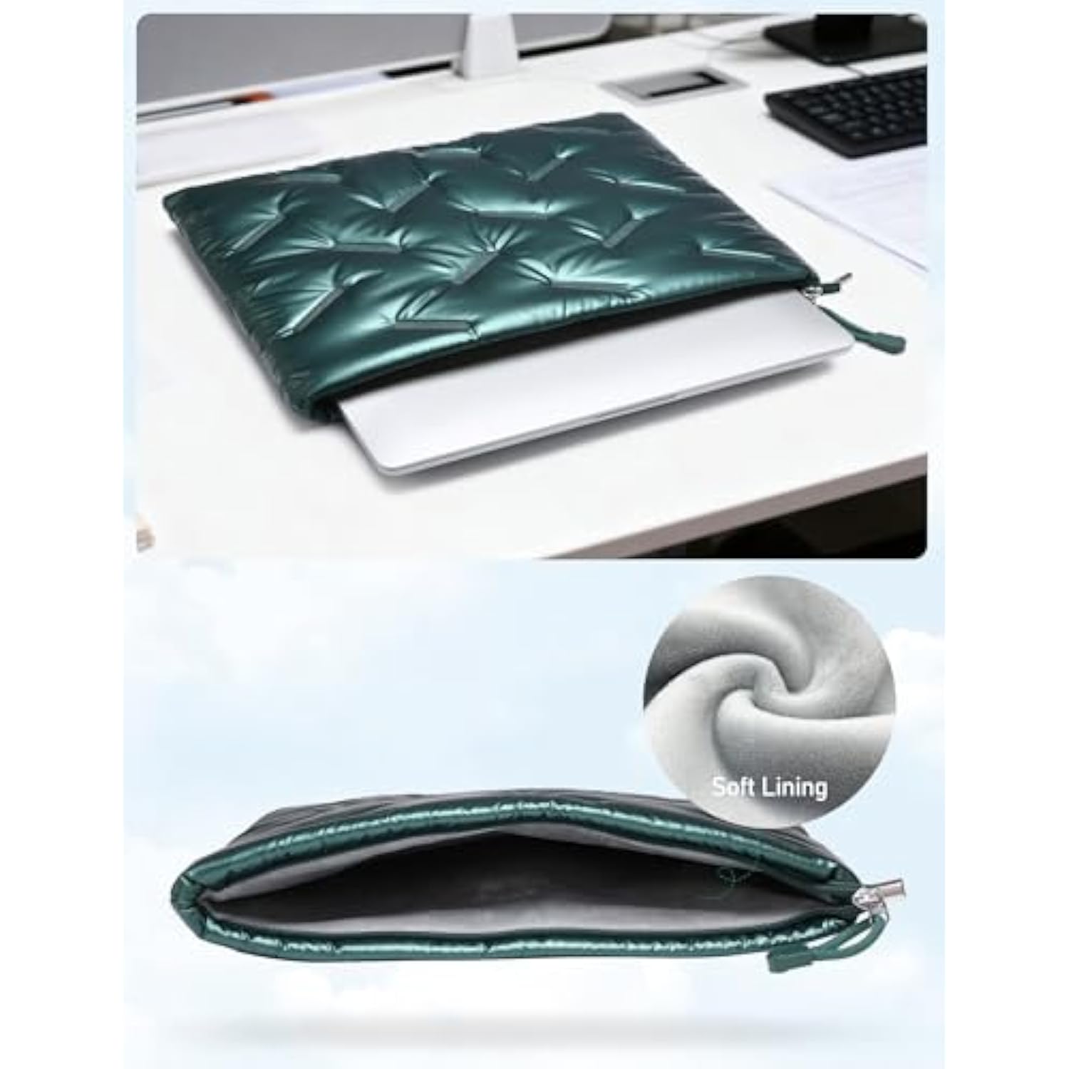 13.3-14 Inch Puffy Laptop Sleeve For Macbook Pro 14 M4/M3/M2/M1 Pro/Max 2025-2021, 14 Inch Chromebook/Zenbook, Hp Pavilion X360 14, 14 Inch Dell Latitude, Dell Xps 14, Satin Green