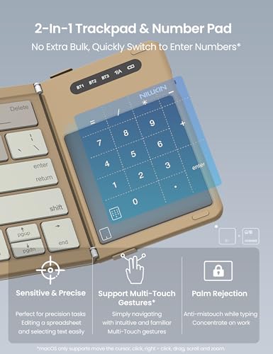 Foldable Travel Keyboard With Touchpad & Number Pad, Bluetooth Wireless Portable Folding Full Size Keyboard With Trackpad For Pc Laptop Ipad Tablets Smartphone, Silicone Leather Cover, Khaki