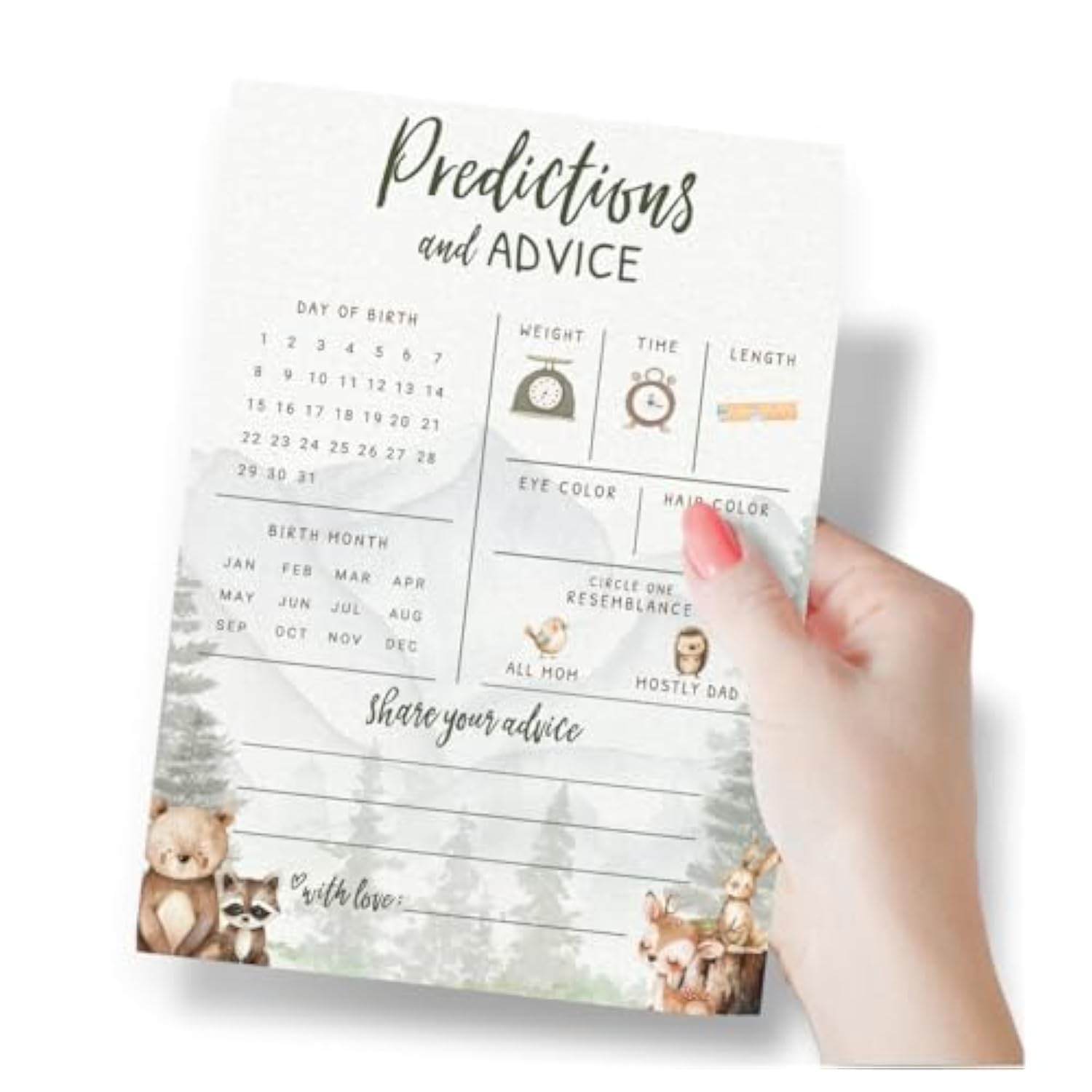 Baby Predictions & Advice Cards – Woodland Adventure Baby Shower Game, Adorable Forest Animals Theme For Boy, 30 Pack