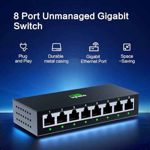 Inhand Es220-8T 8-Port Unmanaged Gigabit Switch | Plug And Play Network Extender | Fanless Metal C