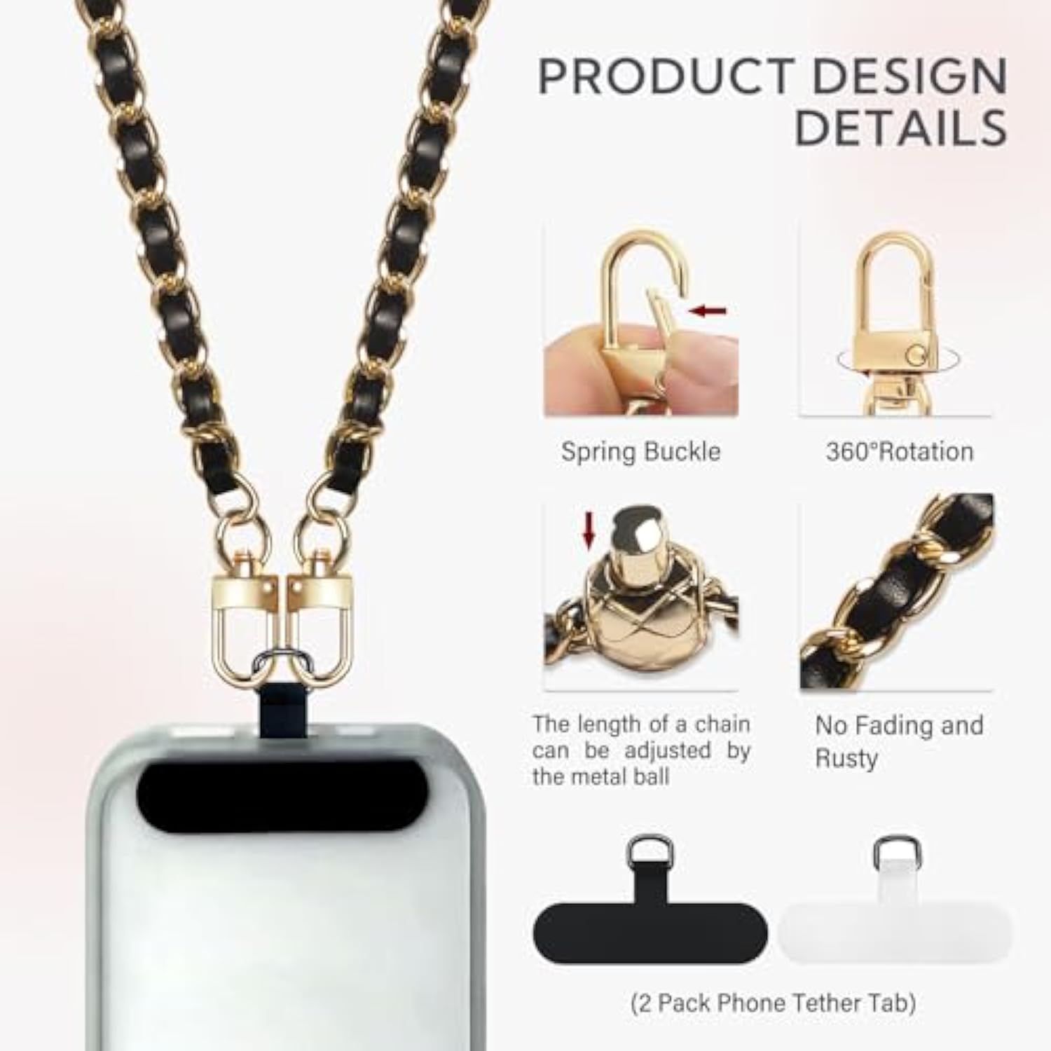 Phone Crossbody Strap, Cell Phone Lanyard For Women, 1× Leather Phone Strap, 1× Leather Phone Wrist Strap, 2× Pads, Phone Charm Compatible With Most Smartphones, Women'S Bag(Adjustable Black)