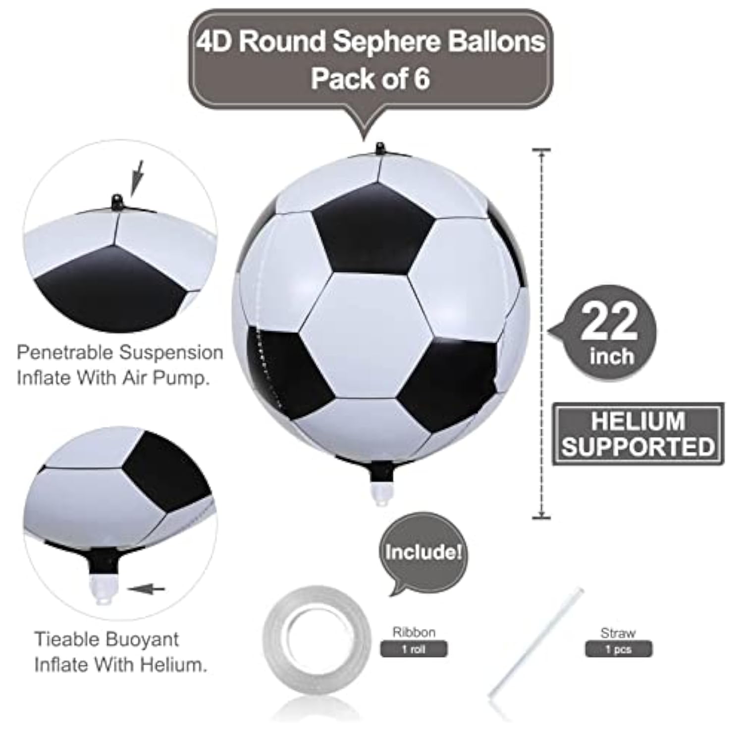 6 Pack Giant 22 Inch Basketball Foil Balloons 4D Sephere Mylar Football Balloons Helium Metallic Balloons For Birthday Party Sports Themed World Cup Party Decorations