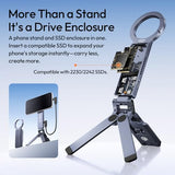 MA58 Magnetic Phone Tripod for iPhone with Hard Drive Enclosure, 360° Rotation, Uka Arca-Swiss Mount, 1/4" Mount, Fits SSD 2230/2242, Foldable