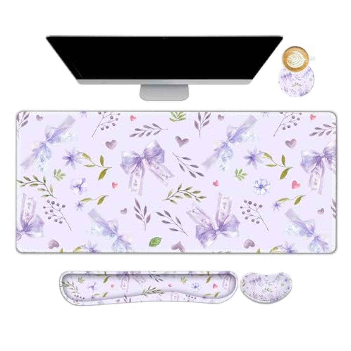 Desk Mat With Wrist Rest, Light Purple Bows Flower Desk Pad Large For Keyboard And Mouse, Ergonomic Mouse Pad Sets For Women, Non-Slip Wrist Pad For Keyboard