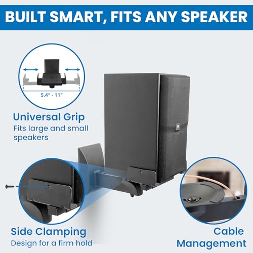 Mount-It! Bookshelf Speaker Wall Mount, Pair of Universal Side Clamping Speaker Shelf Wall Mounting Brackets for Large or Small Speakers, 2 Full