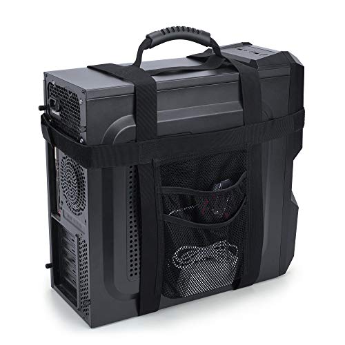Pc Tower Carrying Strap With Rubber Handle, Desktop Carrying Case Belt Computer Travel Holder With Pockets For Cable, Mouse, Ideal For Transporting On The Go - Patented Design