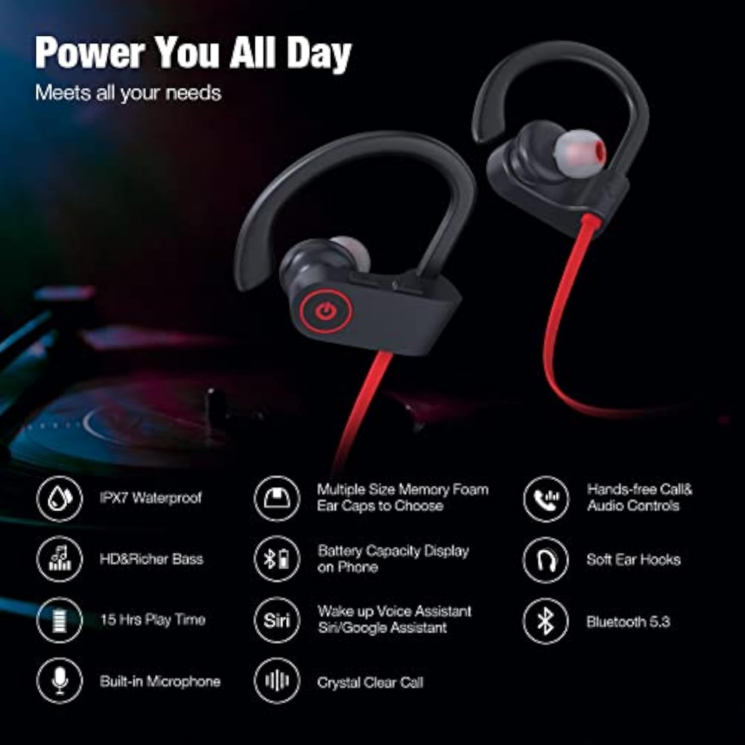 Bluetooth Headphones Wireless Earbuds Bluetooth 5.3 Running Headphones Ipx7 Waterproof Earphones With 16 Hrs Playtime Stereo Sound Isolation Headsets For Workout Gym