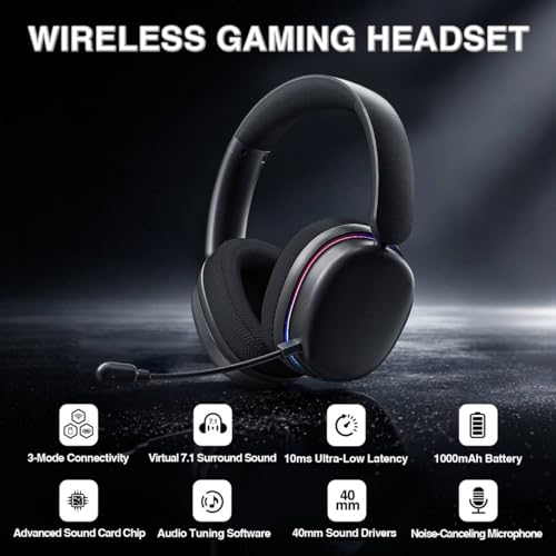 G7 Pro Wireless Gaming Headset with 7.1 Surround Sound, 40mm Driver, BT5.3 Gaming Headphones with Mic, RGB, 10ms Latency, 65H Battery, PC Gaming