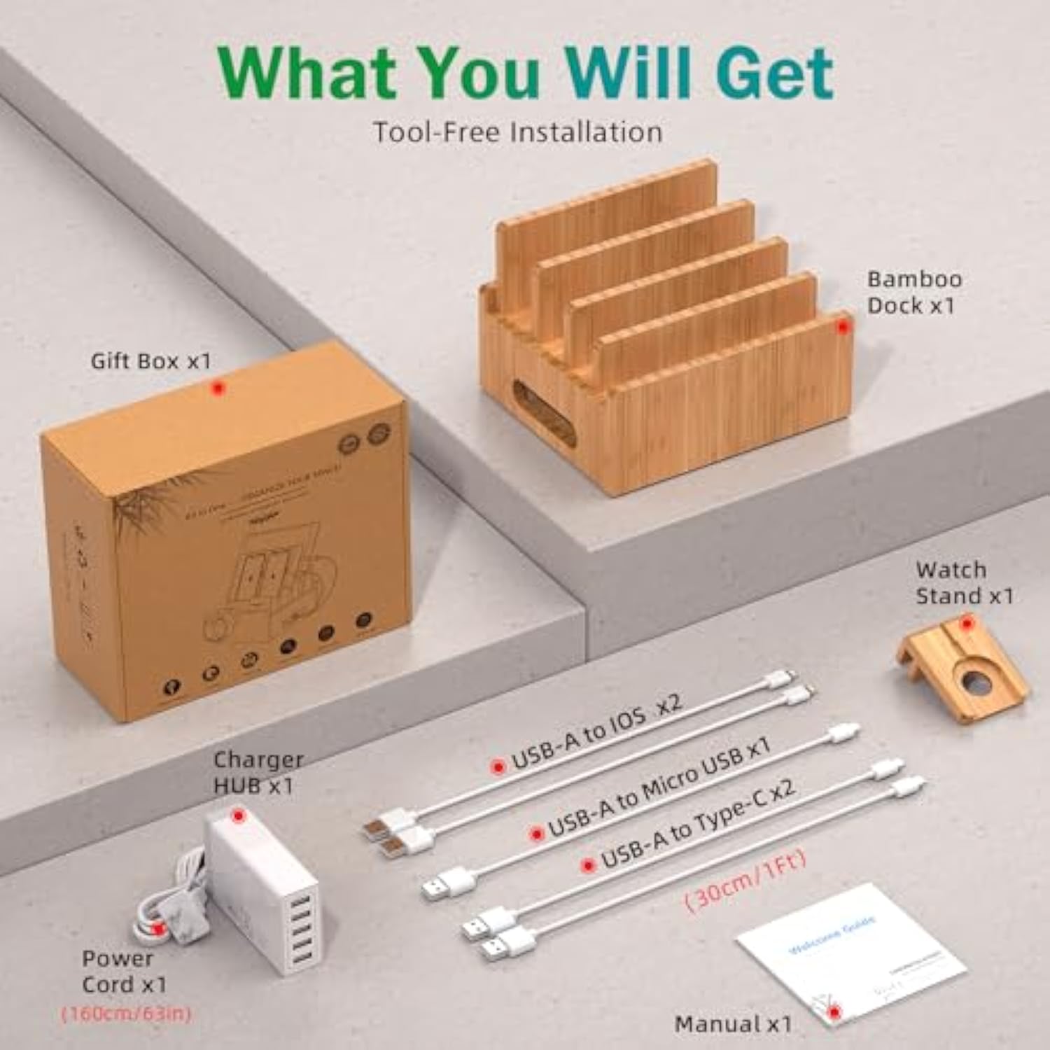 Bamboo Charging Station For Multiple Devices With 5 Port Usb Charger, 5 Cables, Smart Watch & Earbuds Stand, Desk Docking Stations Electronic Organizer For Cell Phone, Tablet