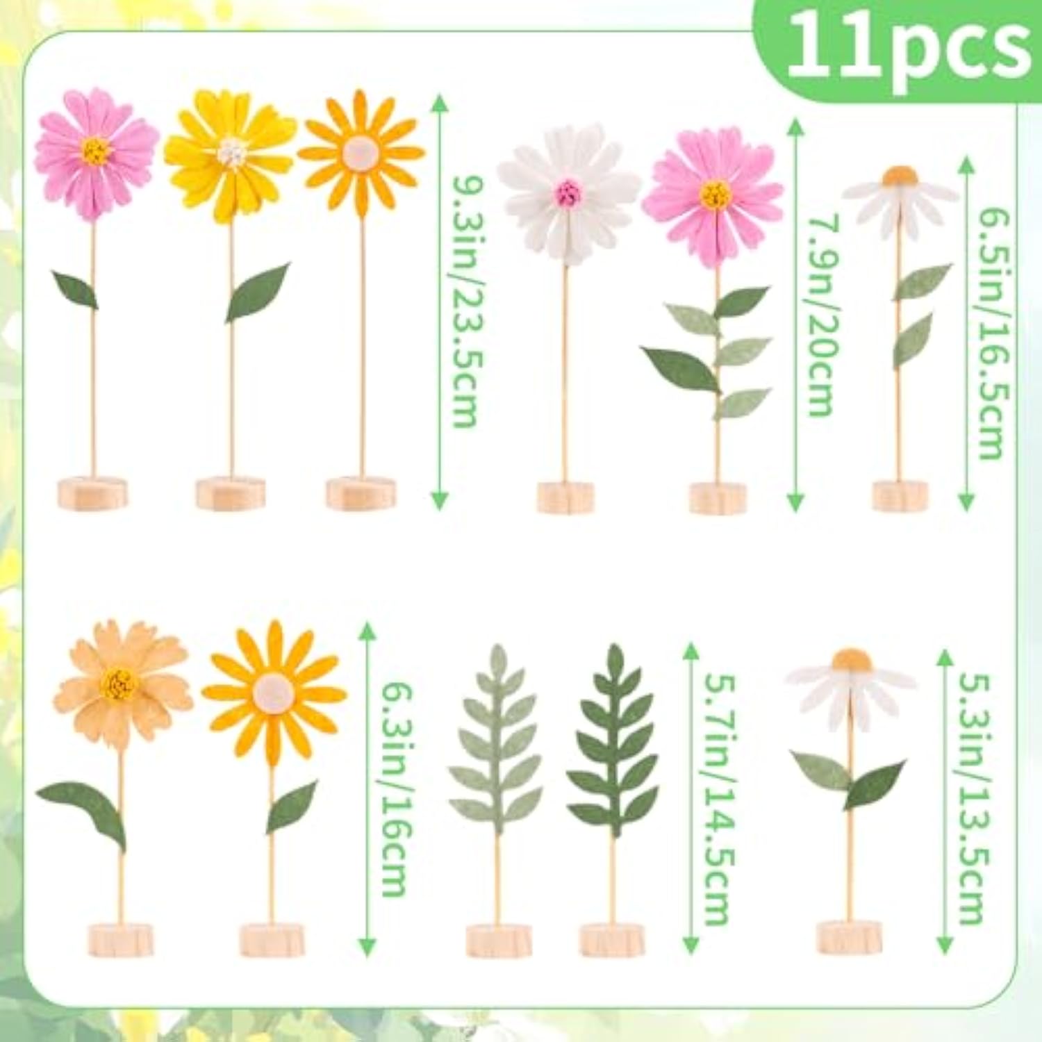 11 Pcs Daisy Party Decorations With Wooden Base, Felt Flower Daisy Centerpieces For Tables, Spring Wildflowers Theme For Wedding Baby Shower, Indoor Table Decor