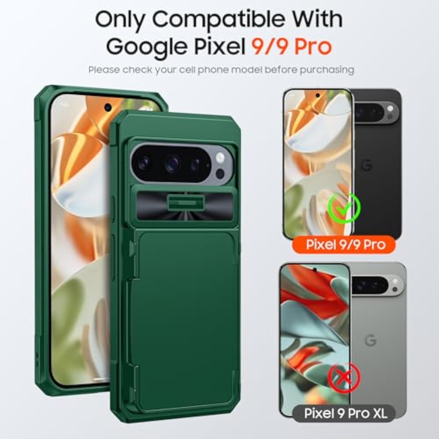 Cenmaso For Google Pixel 9 Pro Case/Pixel 9 Case With Card Holder (4 Cards) & Sliding Camera Cover & Kickstand?Rfid Blocking? Fullbody Shockproof Wallet Phone Case For Pixel 9/9 Progreen