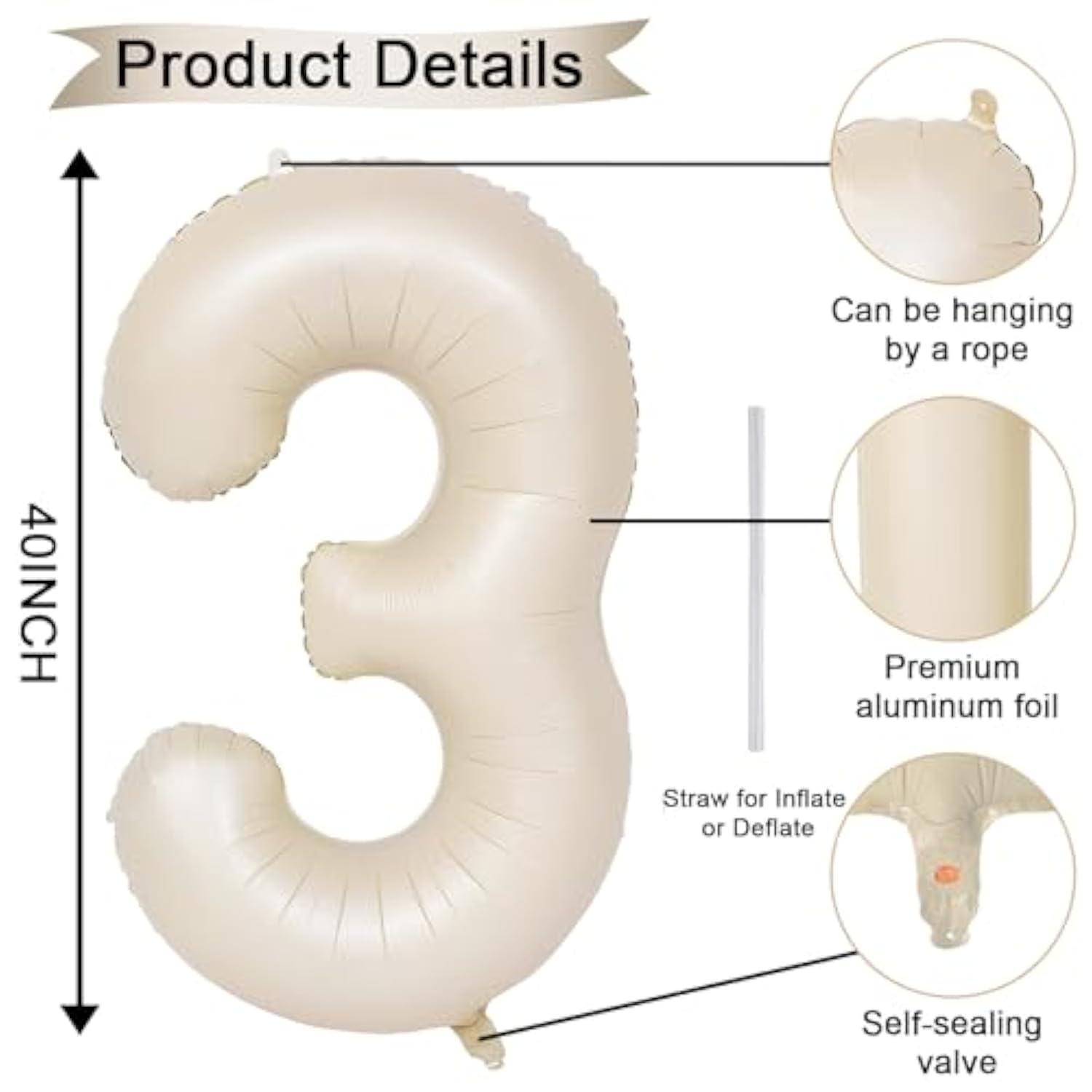 40 Inch Cream Number 30 Balloon, Beige Large Self Inflating Foil 3 & 0 Balloons For Women Men 30Th Birthday Decorations 30 Helium Balloon Numbers For 30 Year Old Anniversary Baby Shower Party Supplies