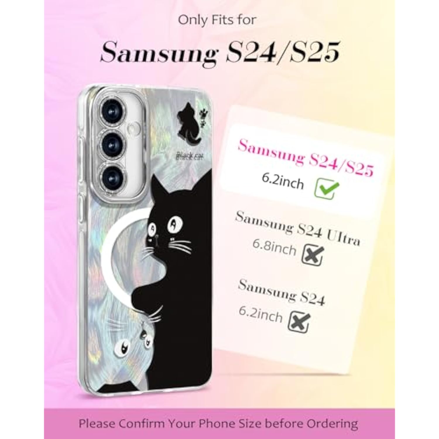 For Samsung Galaxy S25/S24 Case - Compatible With Magsafe Aesthetic Cute Holographic Galaxy S25 Case With Diamond Bling Lens Protector For Samsung S24 Cover For Women Girls, Black White Cat