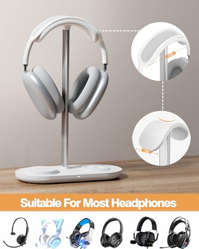 Headphone Stand, 2-in-1 Wireless Charger for iPhone/ Watch, Aluminum Alloy Rod, Minimalist Desk Organizer, White