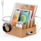 Bamboo Charging Station For Multiple Devices With 5 Port Usb Charger, 5 Cables, Smart Watch & Earbuds Stand, Desk Docking Stations Electronic Organizer For Cell Phone, Tablet